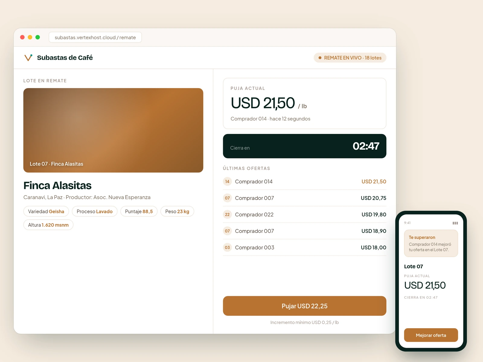 Remate en vivo de Subastas de Café: lote, puja actual, cuenta regresiva y la app del comprador